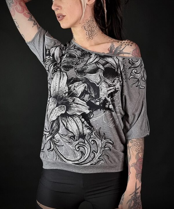 Hyraw Damen T-Shirt "SKULL AND FLOWERS" grey